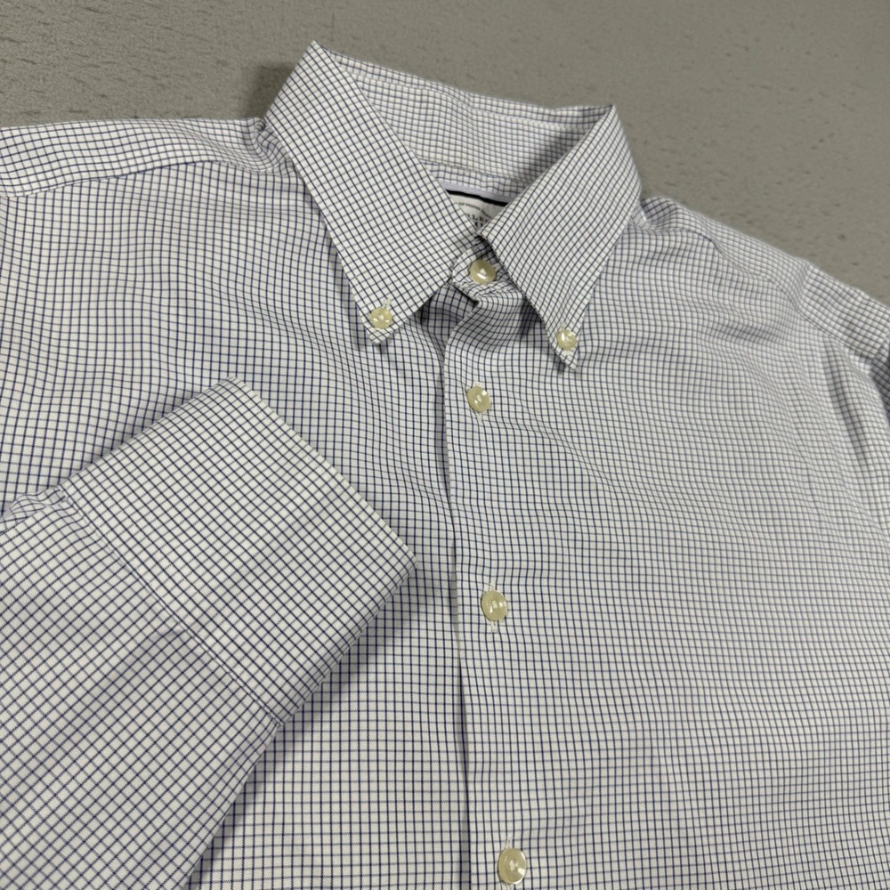 Charles Tyrwhitt Slim Fit Non-Iron Button Down Shirt Blue White Grid Check 16.5